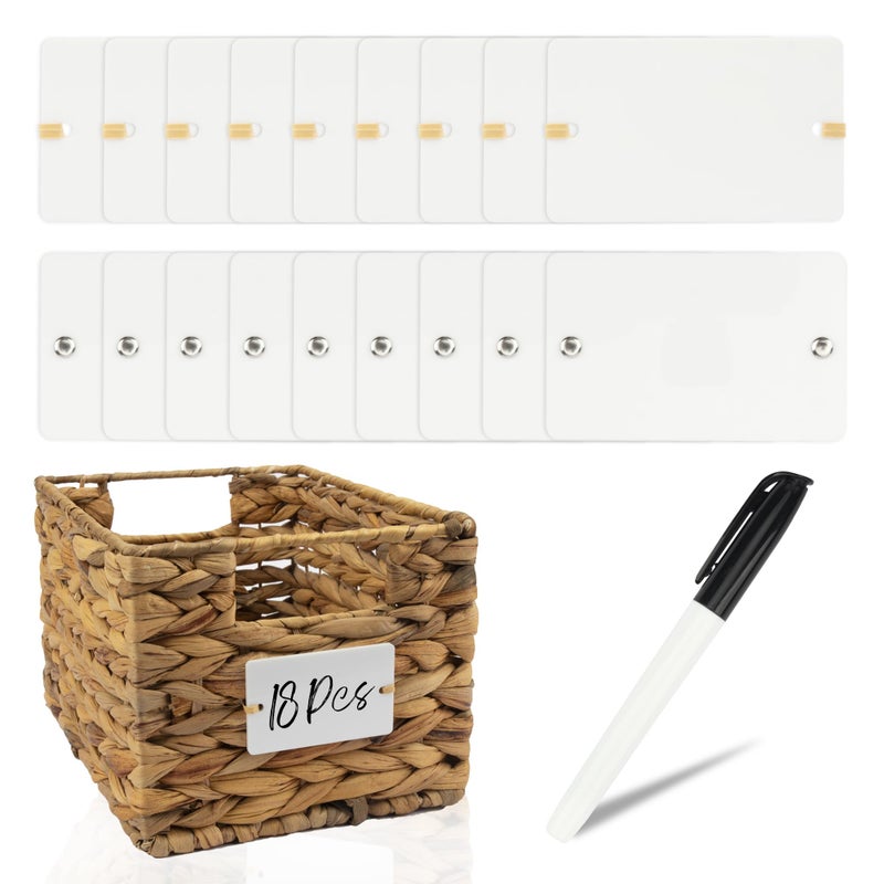 Temlum 18 Pcs Acrylic Basket Labels, Storage Tags with Chalk Marker Removable Label for Wire, Wicker, Woven Baskets & Pantry Storage (Rectangle, White) - Image 1